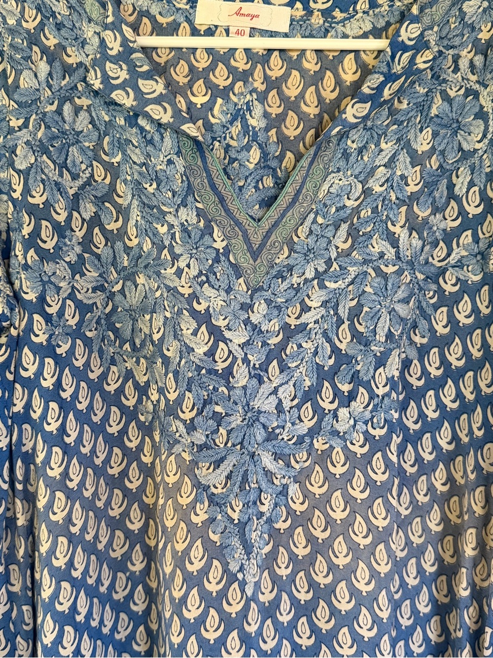 Amaya 100% Silk Blue Printed Embroidered Tunic Size Medium/40